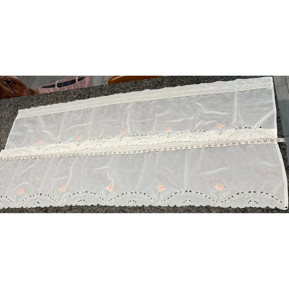 Set of 2 Vintage Sheer White Floral Embroidered Scalloped Valance Curtain 58x14